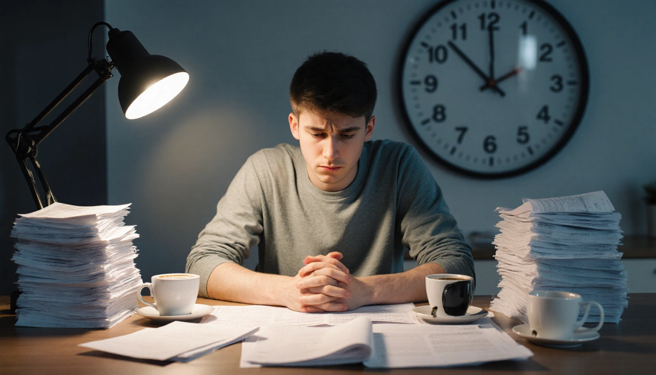 Young adult sits at kitchen table with wage garnishment debt and hands clasped in desperation as lamp shadows clock face