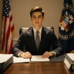 Young adult standing confidently at a wooden desk with NSA files and a subtle patterned tie beside a blurred American flag