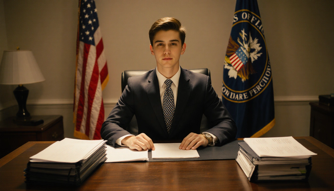 Young adult standing confidently at a wooden desk with NSA files and a subtle patterned tie beside a blurred American flag