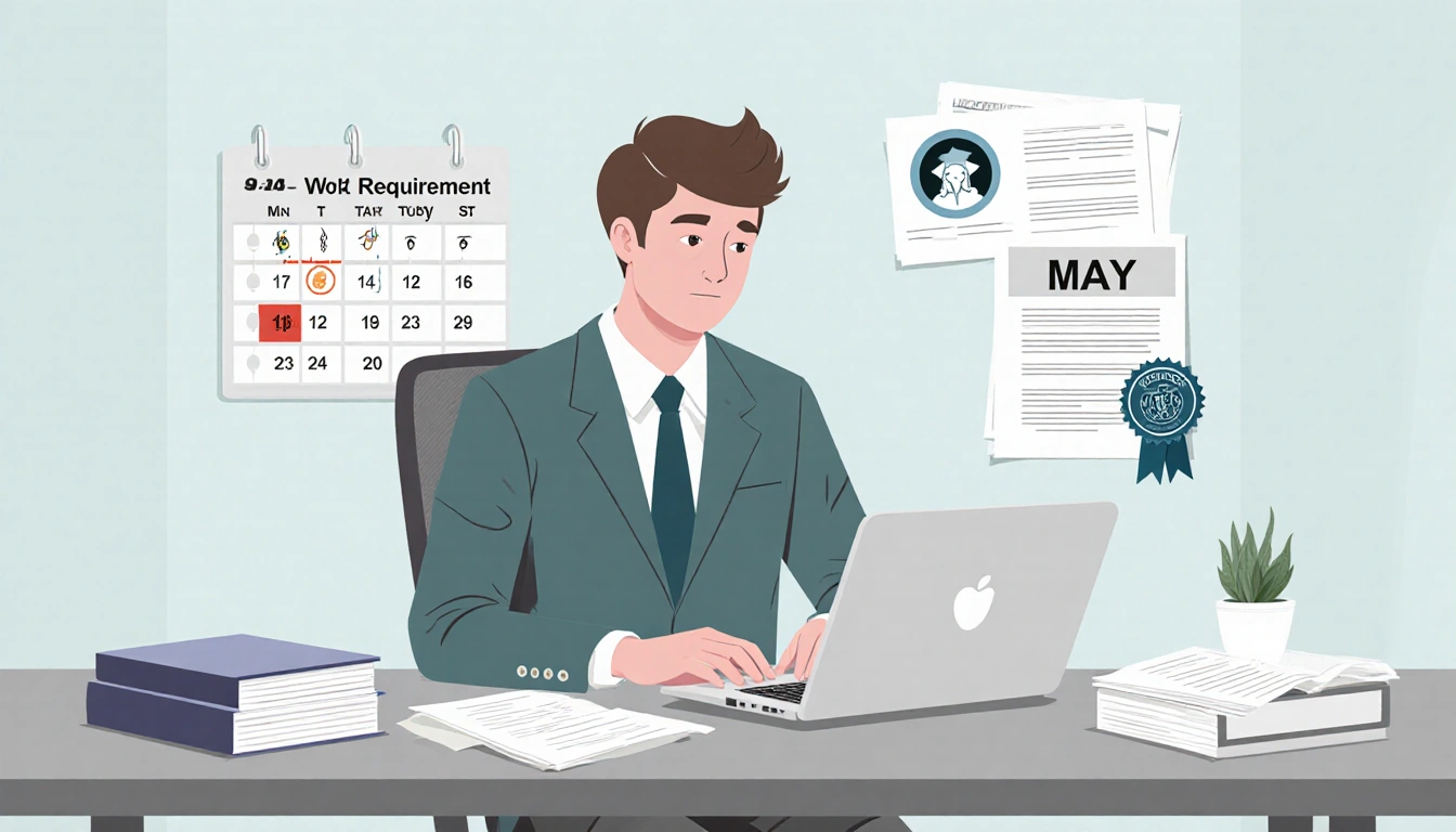 Young adult sits at office desk with laptop and papers and a volunteer badge near calendar.