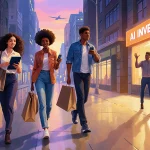 Young adults walking toward cityscape at dusk with laptops and smartphones and shopping bags and one holding a tablet