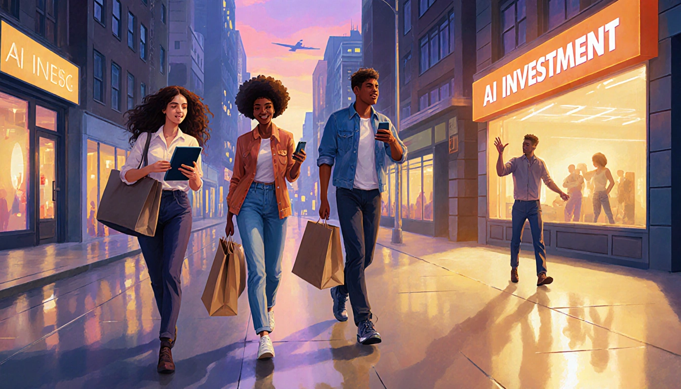 Young adults walking toward cityscape at dusk with laptops and smartphones and shopping bags and one holding a tablet