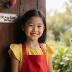 Smiling young girl standing before a wooden door with a crack and a plaque reading Helping Hand Home in a garden