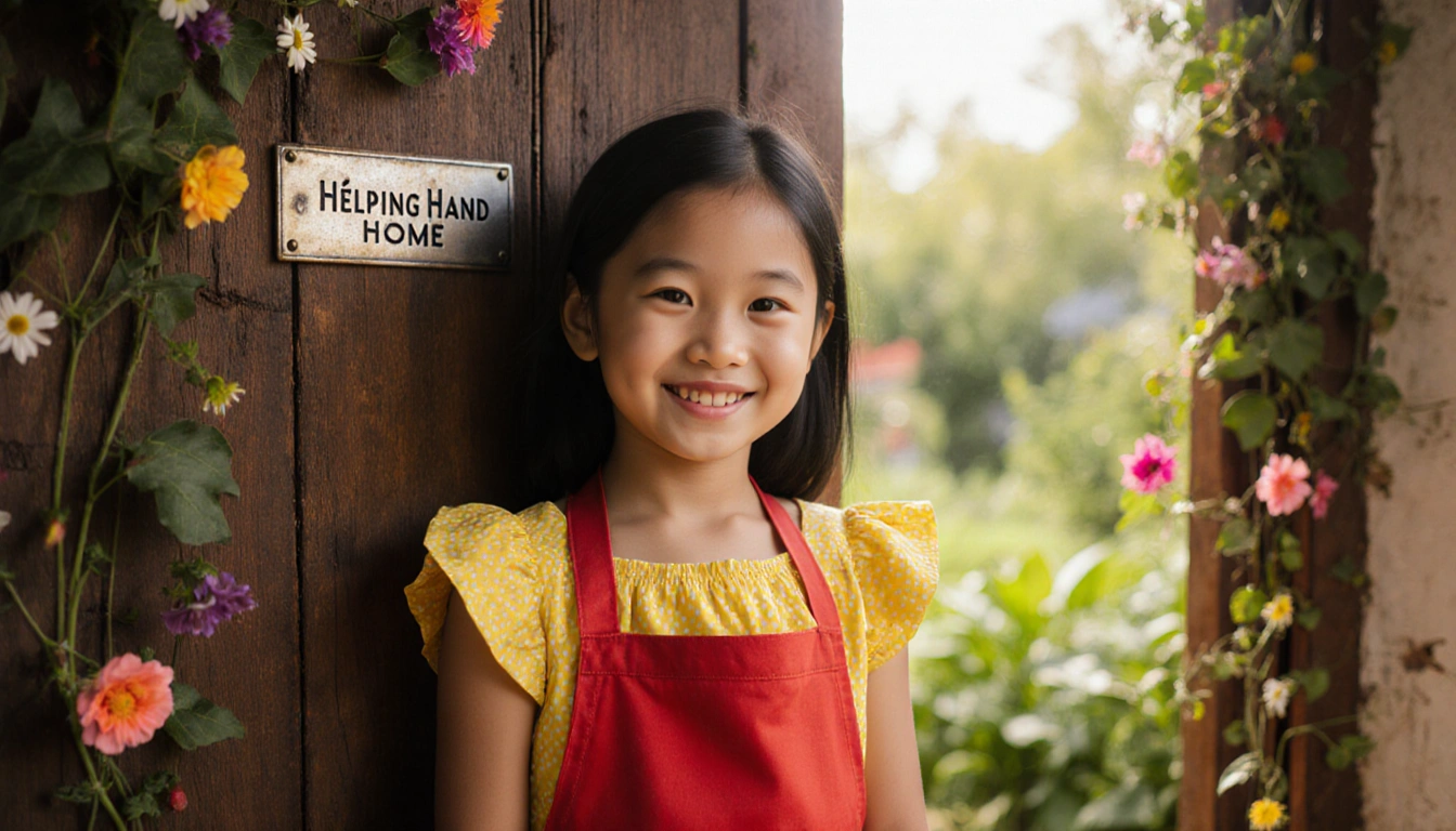 Smiling young girl standing before a wooden door with a crack and a plaque reading Helping Hand Home in a garden