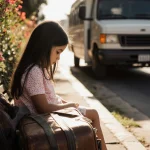 Girl sits alone on bench with worn backpack and Honduran flowers around a blurry deportation bus in background