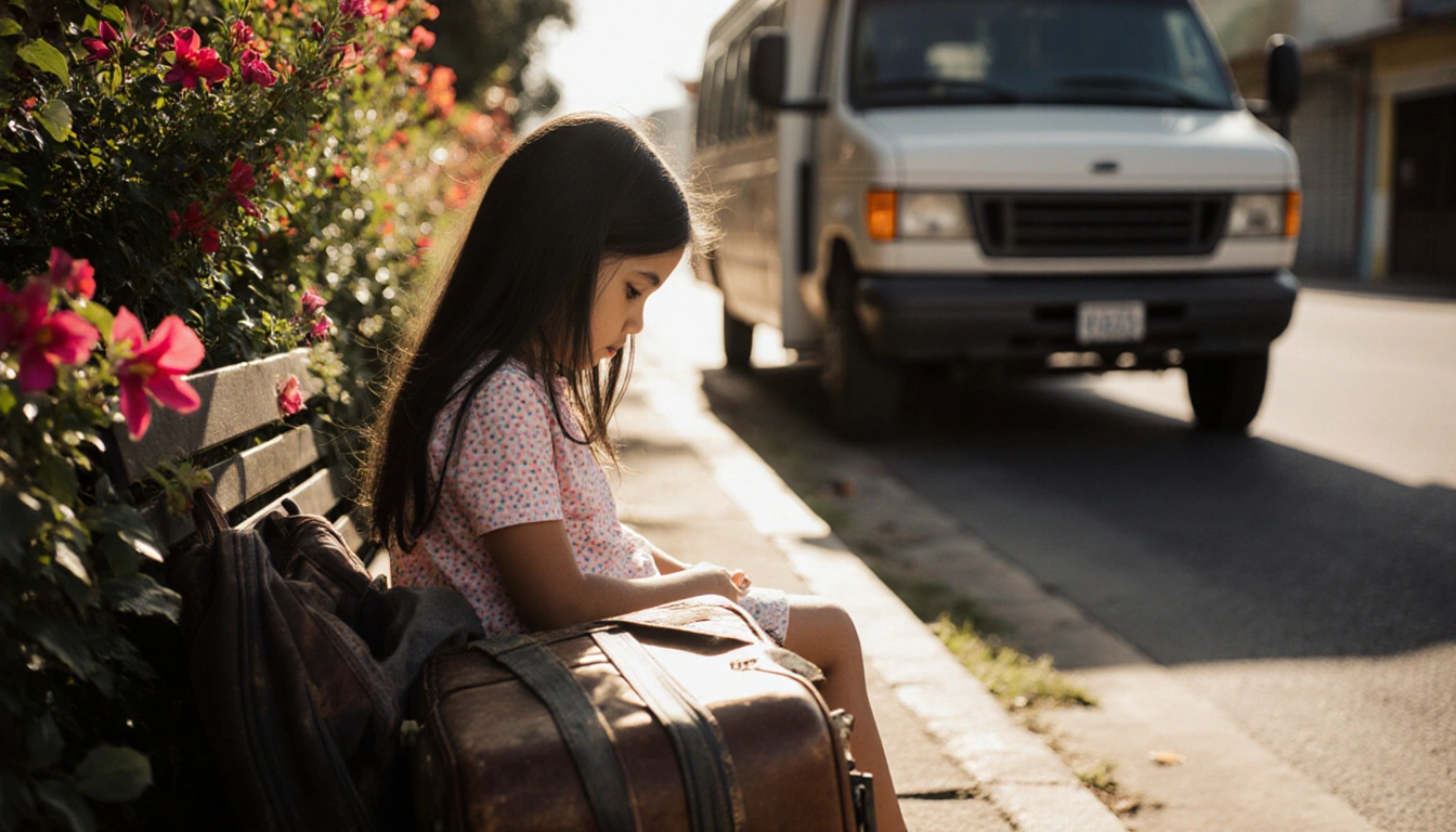Girl sits alone on bench with worn backpack and Honduran flowers around a blurry deportation bus in background
