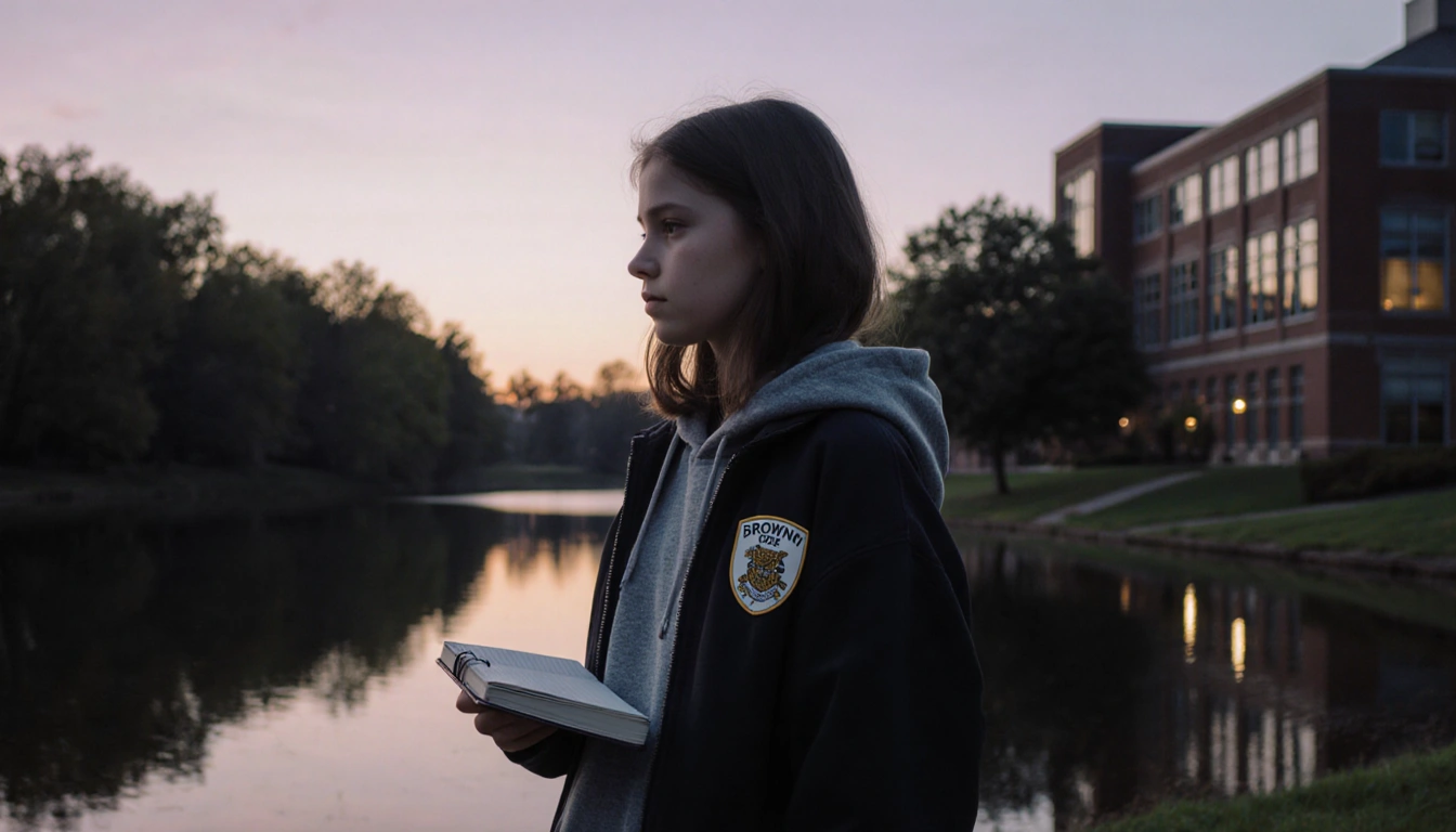 Young girl standing by school building at dusk holding a journal with a Brown University badge and a lake in the background.