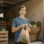 Young man holding grocery bag with mobile food pantry in background showing fresh produce