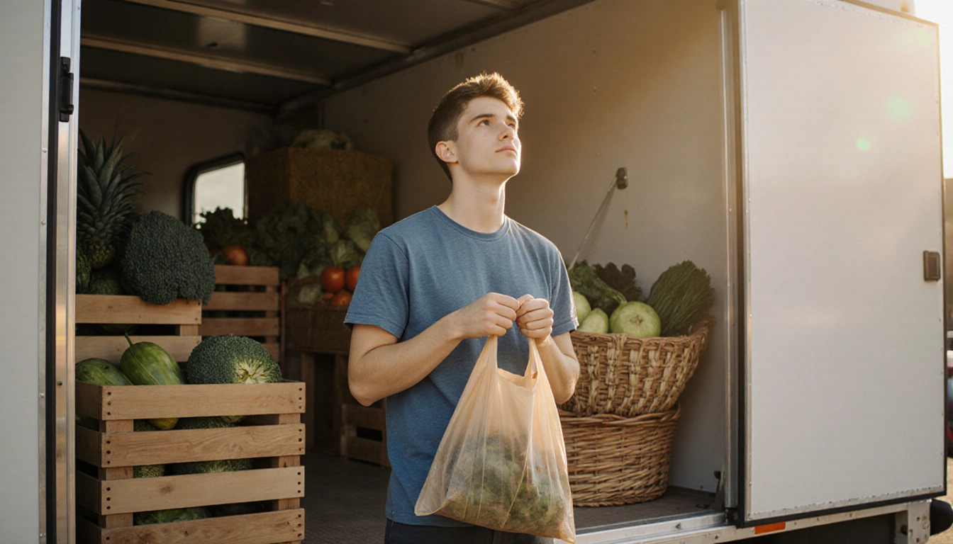 Young man holding grocery bag with mobile food pantry in background showing fresh produce