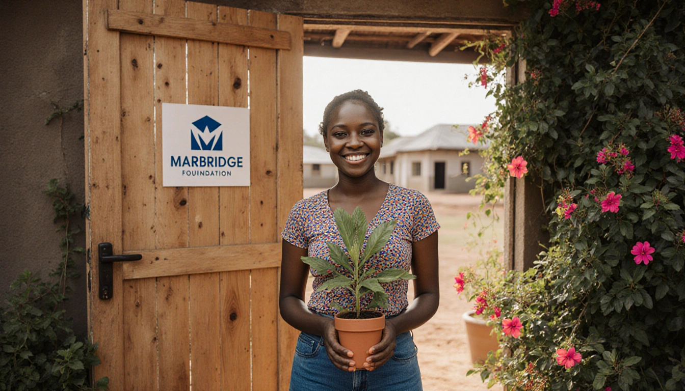 Young woman smiles while holding a potted plant symbolizing growth with wooden community center door and lush greenery behind