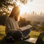 Young adult sits on grassy hillside at sunset holding a book with golden light and city skyline in background
