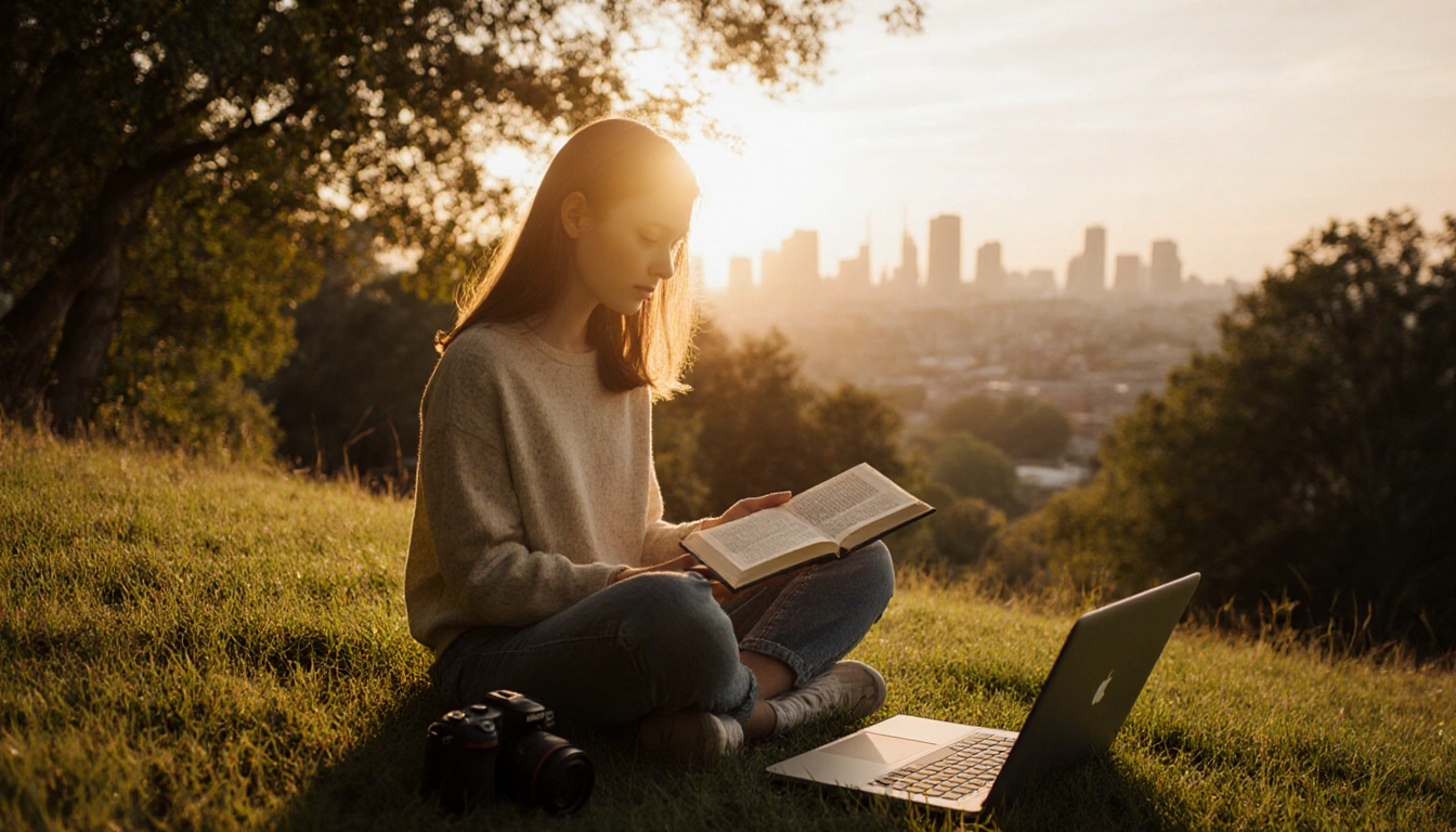 Young adult sits on grassy hillside at sunset holding a book with golden light and city skyline in background