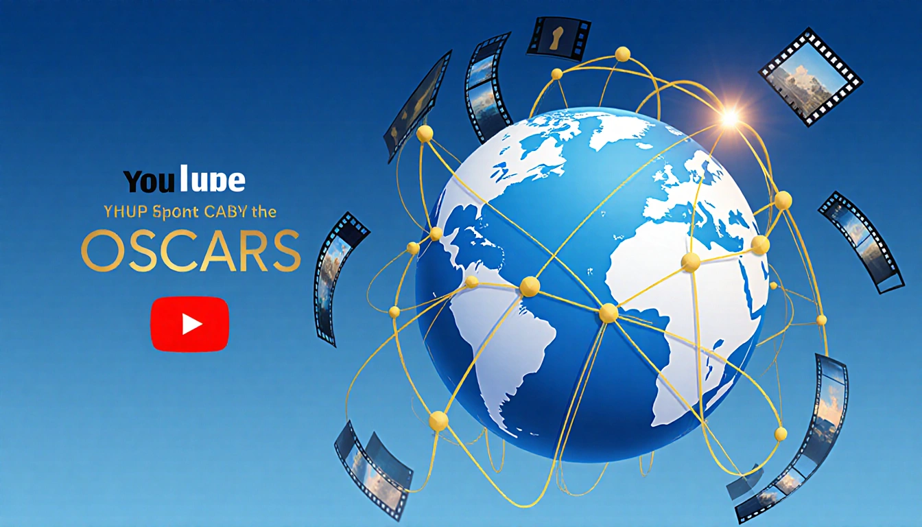 Stylized globe showing YouTube's Oscars global streaming rights with threaded cables and a halo of light and subtle film stri