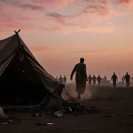 A lone figure fleeing the chaos with torn tent in a desolate camp at dusk and RSF fighters silhouette in background