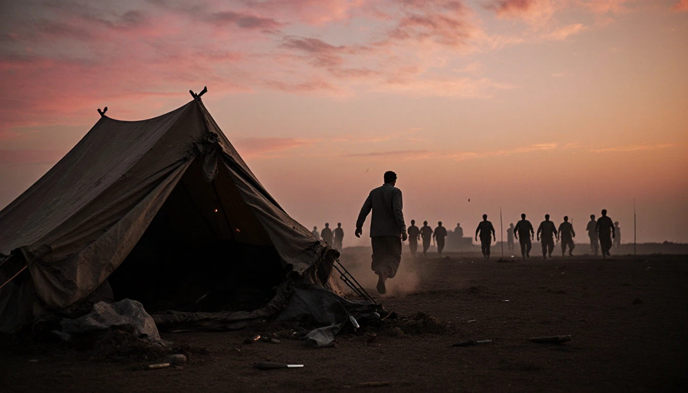 A lone figure fleeing the chaos with torn tent in a desolate camp at dusk and RSF fighters silhouette in background