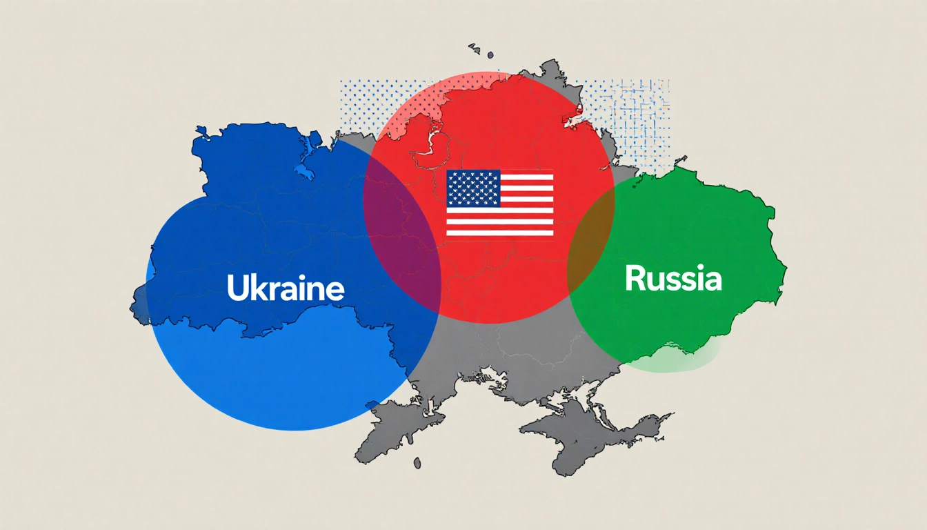 Stylized map depicting Zaporizhzhia with overlapping blue red and green circles showing 33% stakes for Ukraine US and Russia