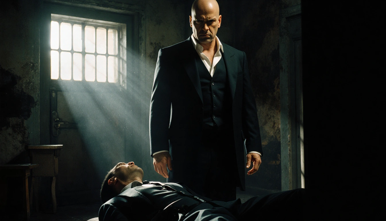Zed standing over Bruce Willis' character with Ving Rhames restrained in noir interrogation room