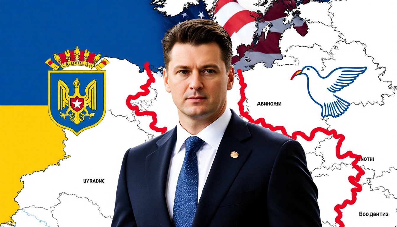 Zelensky standing before Eastern Europe map with red border line and U.S. flag background and Ukrainian emblem and dove