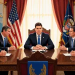 Zelensky seated at an ornate table with US officials debating over maps and a Ukrainian flag draped over a chair