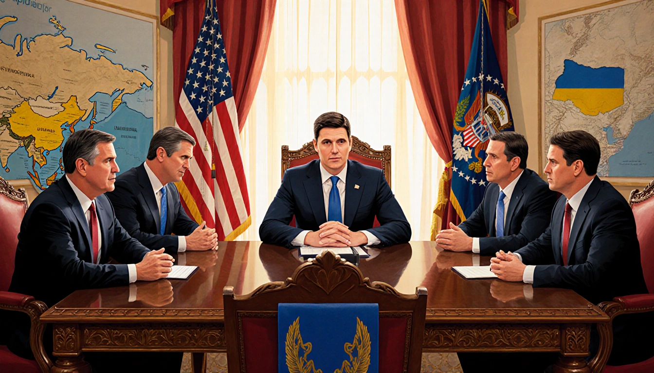 Zelensky seated at an ornate table with US officials debating over maps and a Ukrainian flag draped over a chair