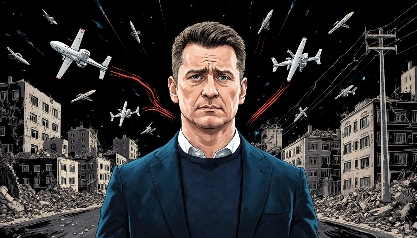 Zelenskyy stands before a ruined Kyiv skyline with scattered drones and missiles streaking overhead his face showing concern.