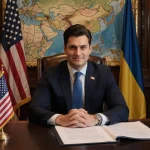President Zelenskyy reviewing draft proposals with Ukrainian and US flags and a large Eastern Europe map behind.