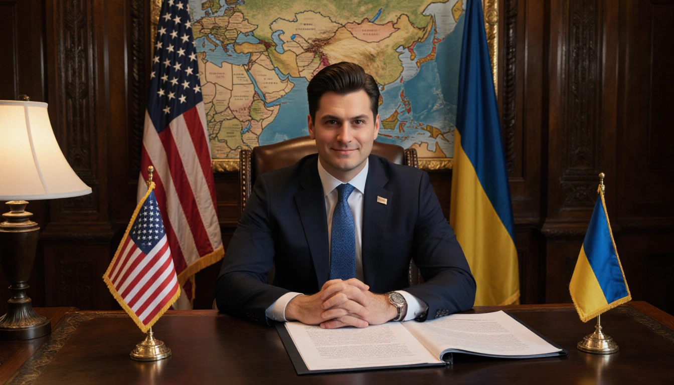 President Zelenskyy reviewing draft proposals with Ukrainian and US flags and a large Eastern Europe map behind.