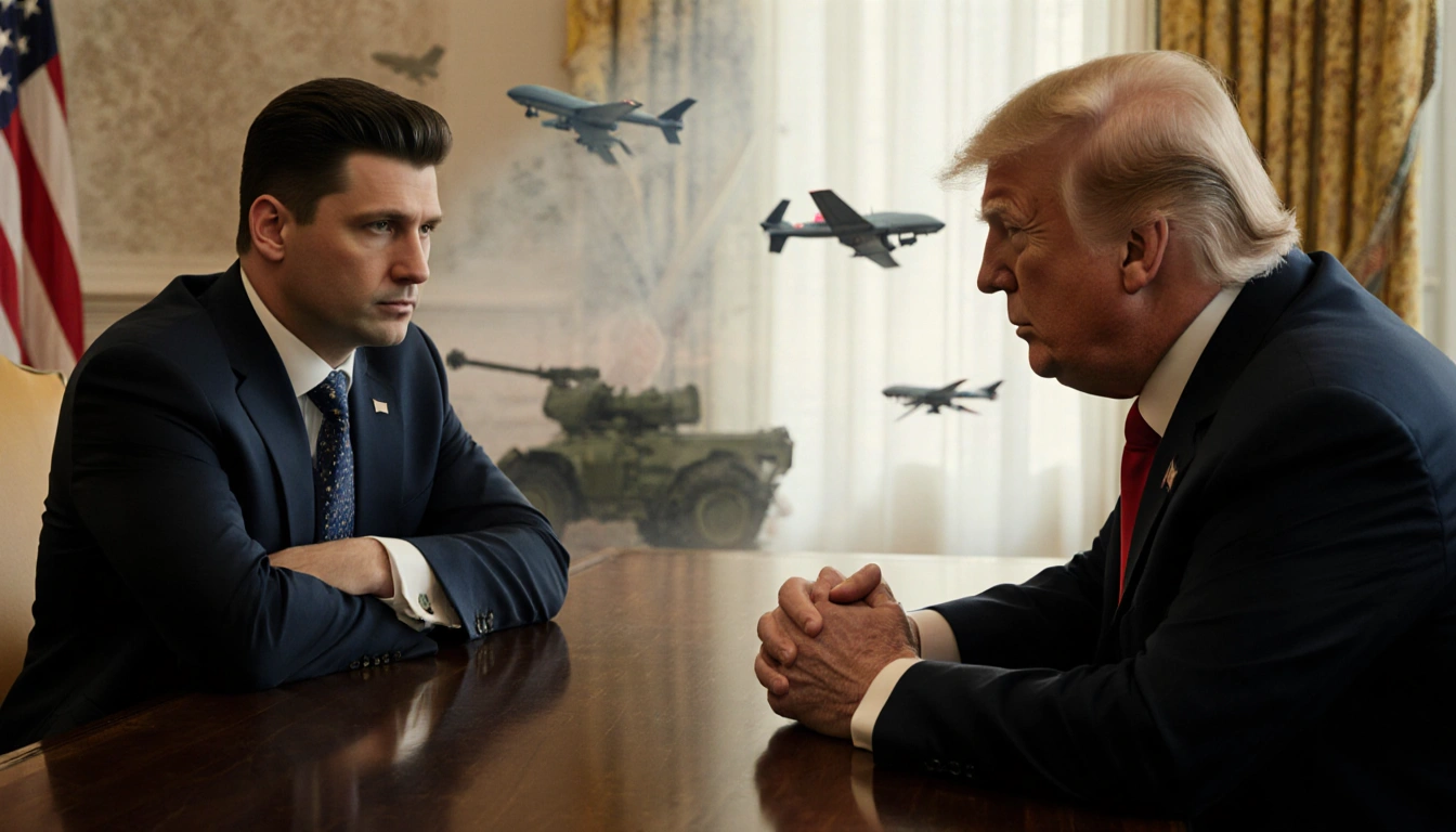 Zelenskyy sits at table leadership Trump lean forward with clasped hands while Russian drones blur in background of conflict