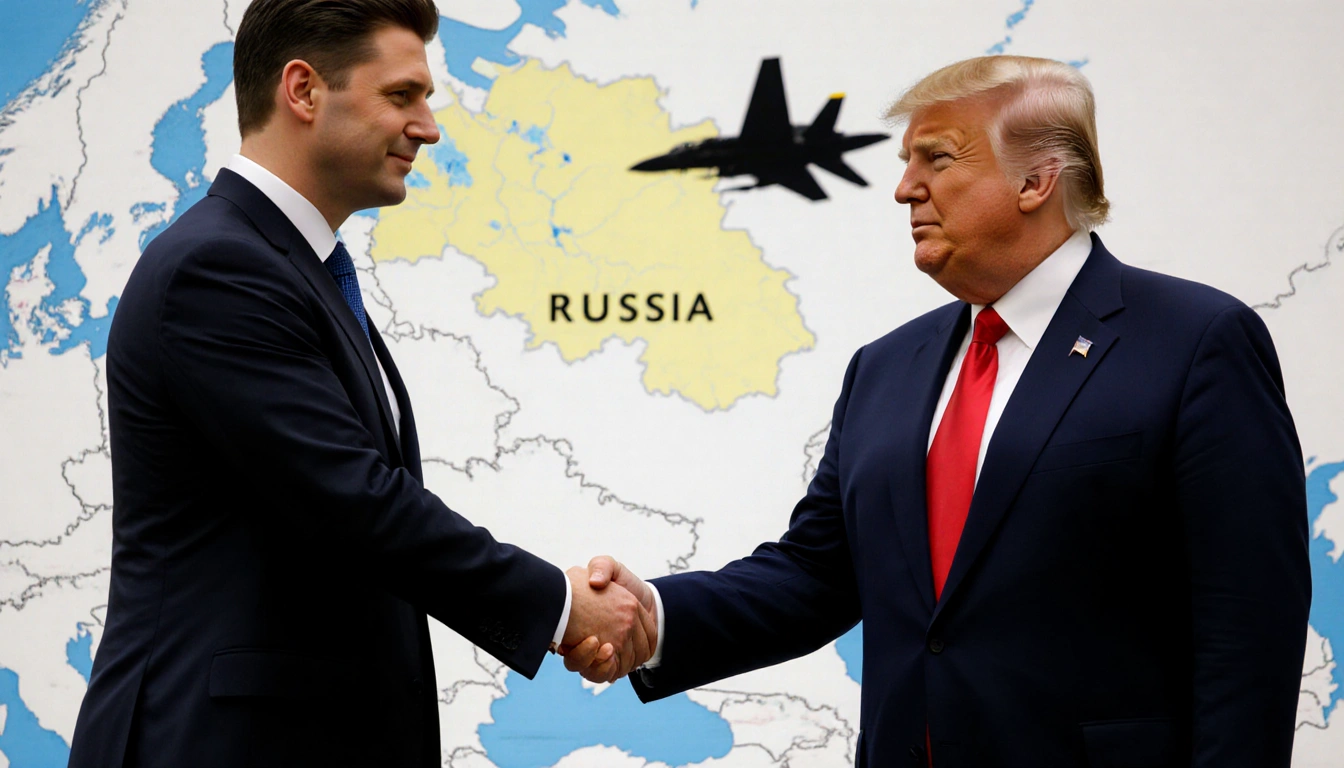 Zelenskyy shaking hands with Trump with a map of Eastern Europe highlighting conflict zone and a blurred jet silhouette