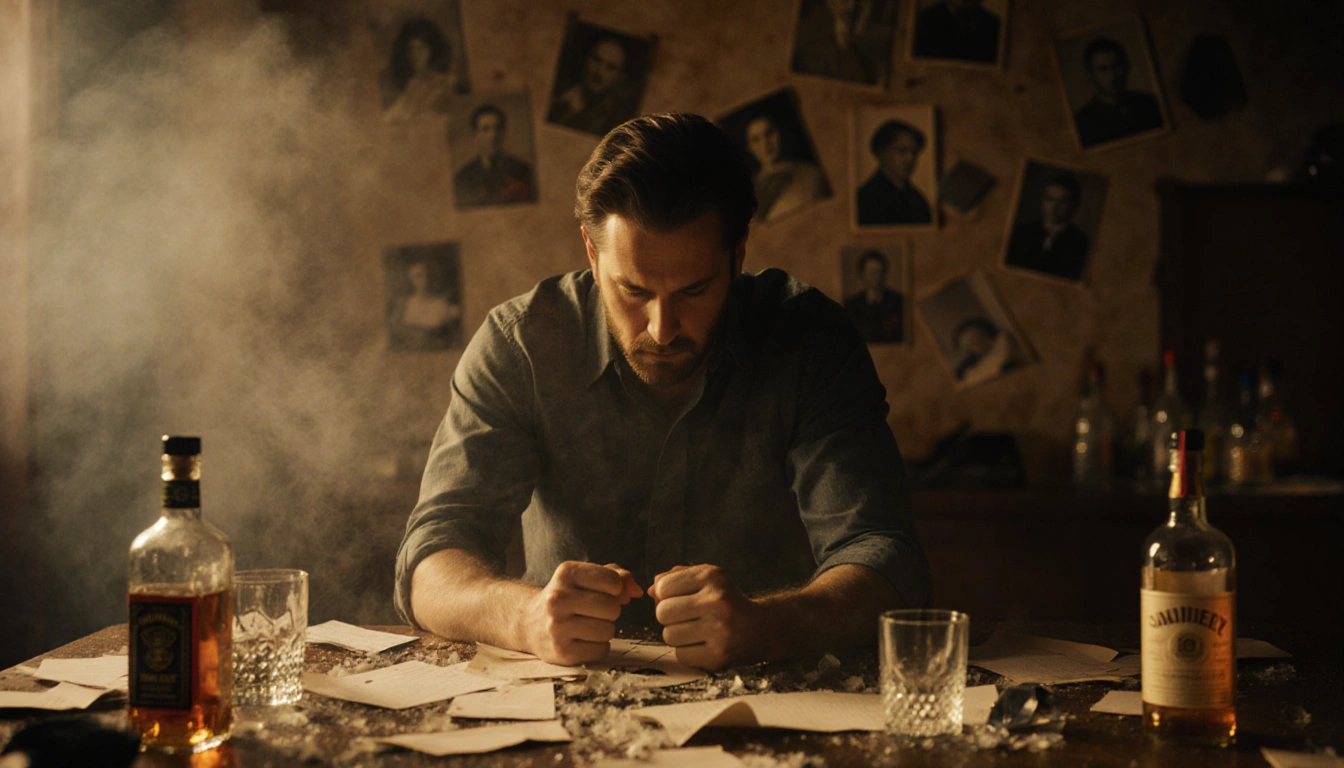 Ziggy Sobotka sits with fists clenched and eyes down in a smoke-filled room with broken glass and warm golden lighting