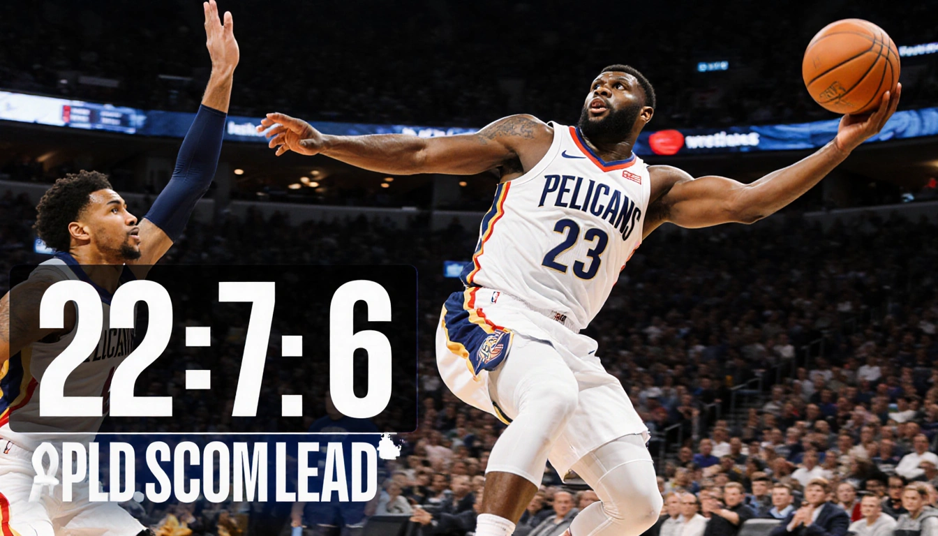 Zion Williamson drives basket with left hand outstretched and shoots defender Pelicans score blurs.