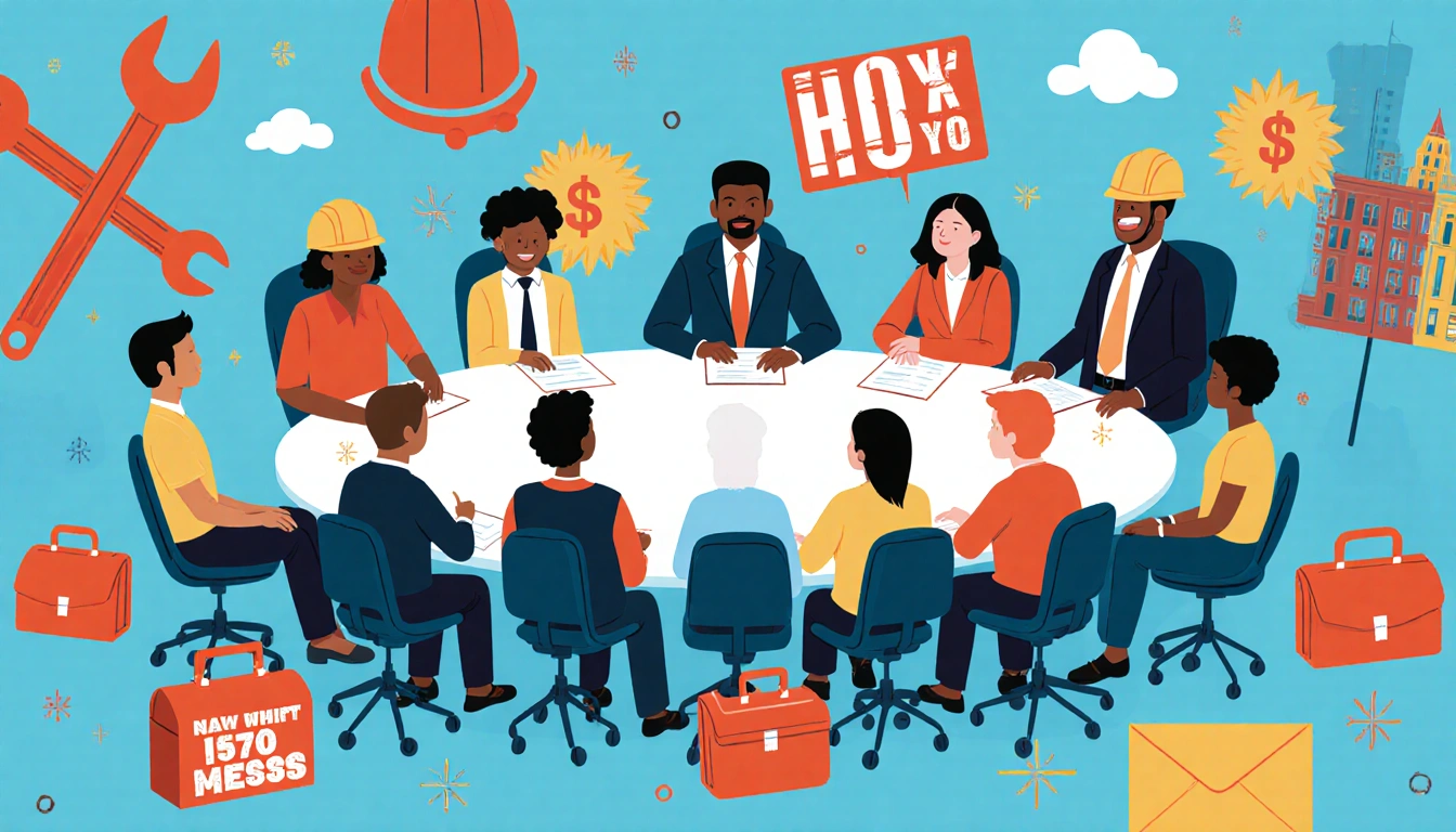 Community members debate budget at city hall with toolboxes and wallets showing working-class empowerment