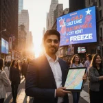 Zohran Mamdani stands in New York City with a tablet showing a map and a digital screen behind him