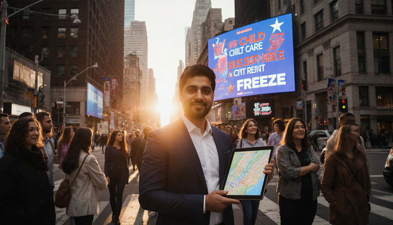 Zohran Mamdani stands in New York City with a tablet showing a map and a digital screen behind him