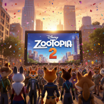 Animals cheering around massive screen with Zootopia 2 movie title and sunset city skyline