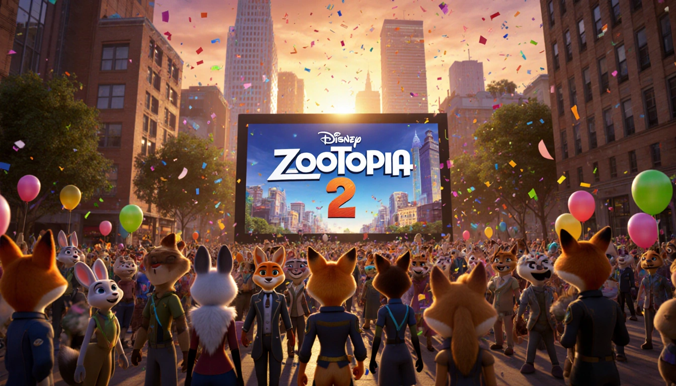 Animals cheering around massive screen with Zootopia 2 movie title and sunset city skyline
