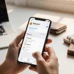 Hands hold a smartphone showing 1Password with a clean interface on a tidy desk by a laptop under warm window light
