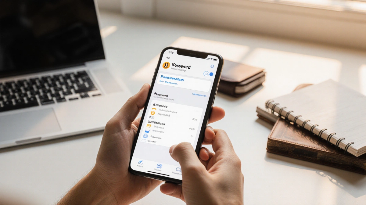 Hands hold a smartphone showing 1Password with a clean interface on a tidy desk by a laptop under warm window light