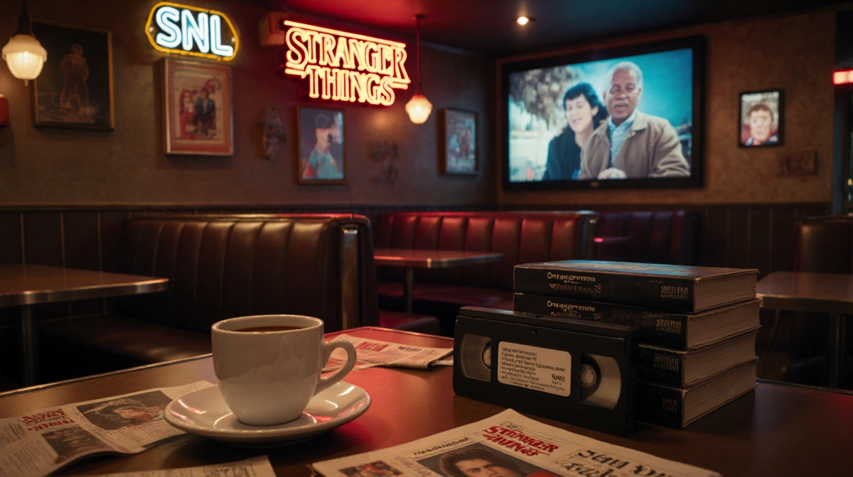 Neon-lit 1980s diner shows VHS tapes and coffee on counter with Stranger Things playing on screen