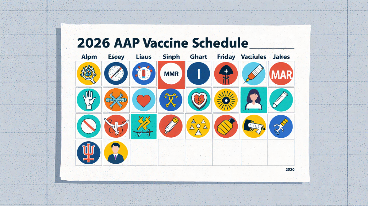 Colorful chart displaying 18 AAP vaccine immunizations alphabetically with disease icons and a medical record background