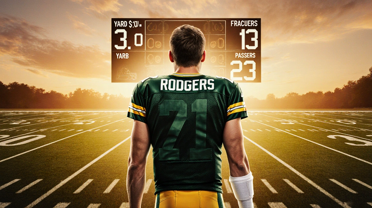 Aaron Rodgers stands on a sunset football field showing his casted wrist and a scoreboard reading 3028 yards and 23 TDs