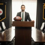Aaron Rodgers standing at a polished wooden podium with a Pittsburgh Steelers football and black and gold banners behind him