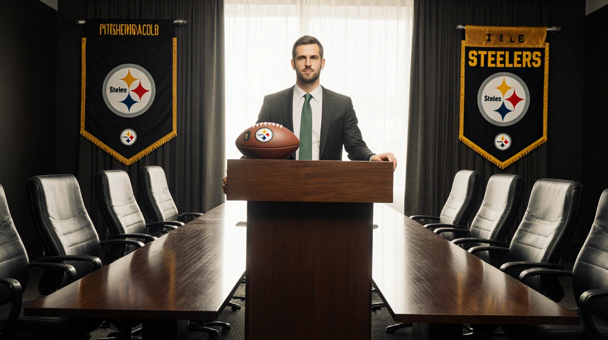 Aaron Rodgers standing at a polished wooden podium with a Pittsburgh Steelers football and black and gold banners behind him