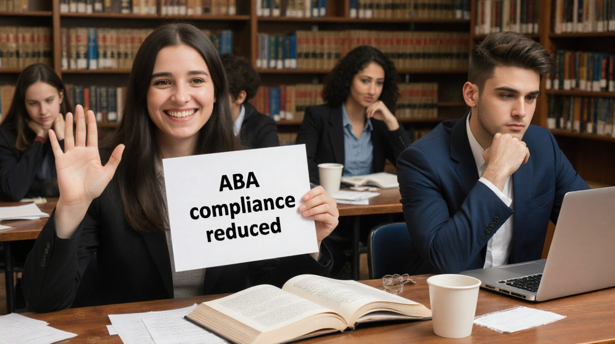 Diverse law students studying in library with one holding ABA compliance sign while another reviews textbook standards