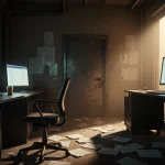 Empty workstation in abandoned cybersecurity lab showing flickering screens and coffee mug with golden light casting long sha