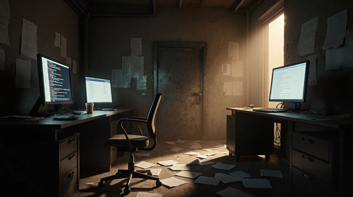 Empty workstation in abandoned cybersecurity lab showing flickering screens and coffee mug with golden light casting long sha