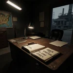 Briefcase opening reveals scribbled orders with dim fluorescent light and dusty office backdrop.