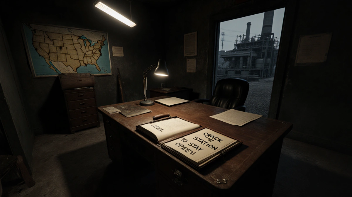 Briefcase opening reveals scribbled orders with dim fluorescent light and dusty office backdrop.