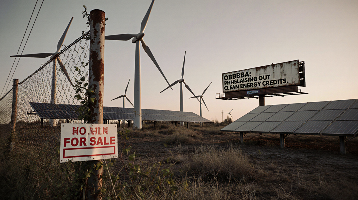 For Sale sign hangs from rusted fencepost with half-built wind turbines and solar panels in an abandoned construction site