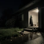 Sneakers resting beside a jacket on porch steps with a dimly lit garage door open and streetlight shadows.